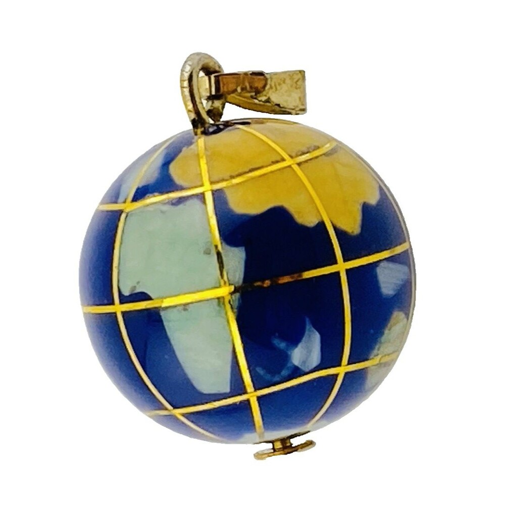 Vintage Gemstone Inlay World Globe Orb Pendant Gold Plated Clip Bail